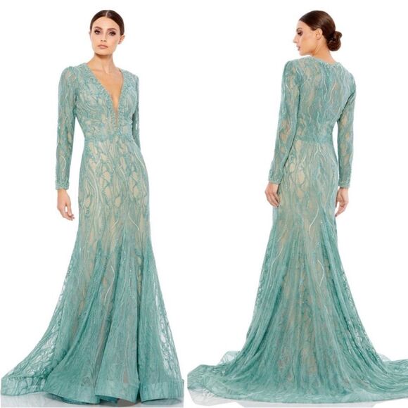 Mac Duggal long Sleeve Sheer Laced Long Dress Gown NWT 79291 size 16 - Picture 1 of 10